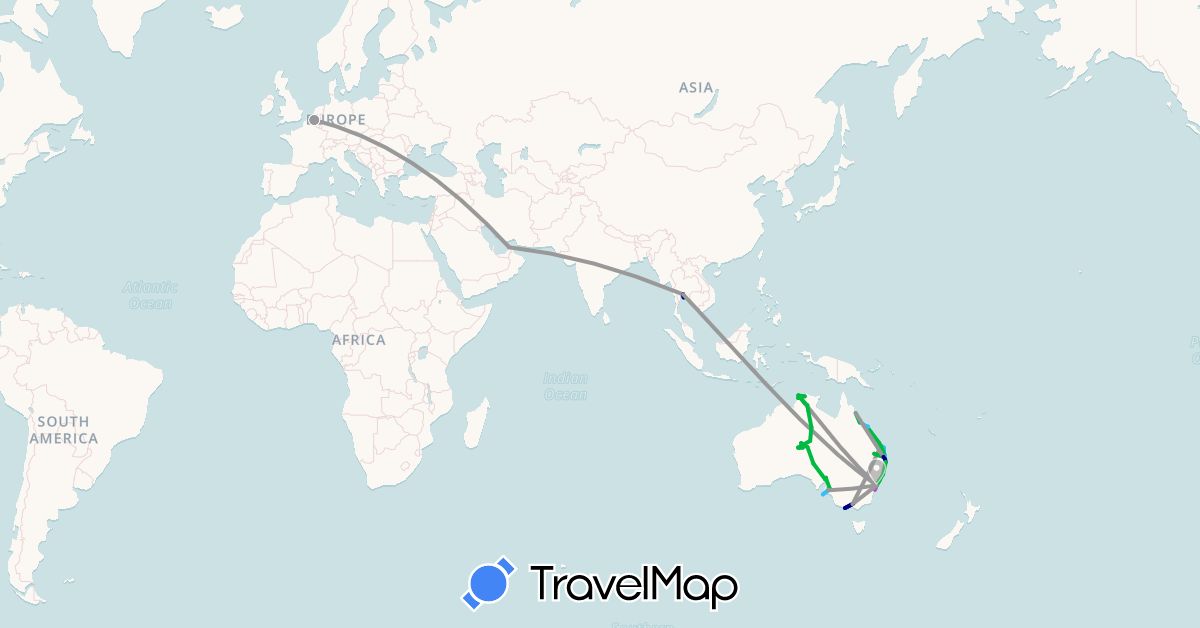 TravelMap itinerary: driving, bus, plane, train, boat in Australia, Belgium, Thailand (Asia, Europe, Oceania)